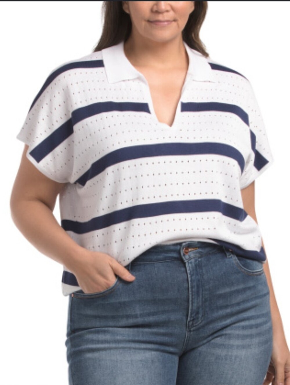CYRUS | Women's White/Navy Striped V-Neck Open Knit Short Sleeved Sweater